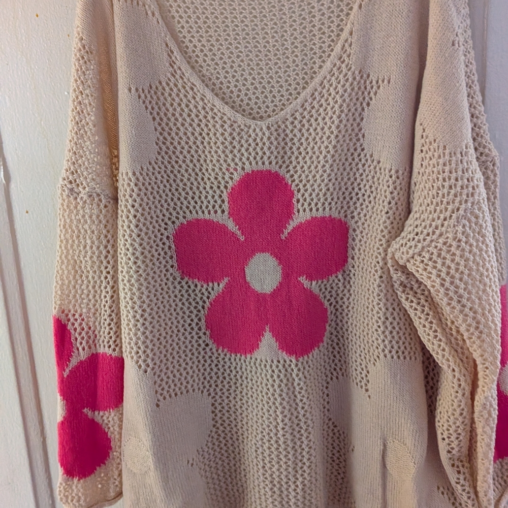 SHEIN Cream and Pink Floral Knit Cardigan